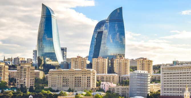Panoramic cityscape view of Baku, capital city of Azerbaijan on a clean sunny day